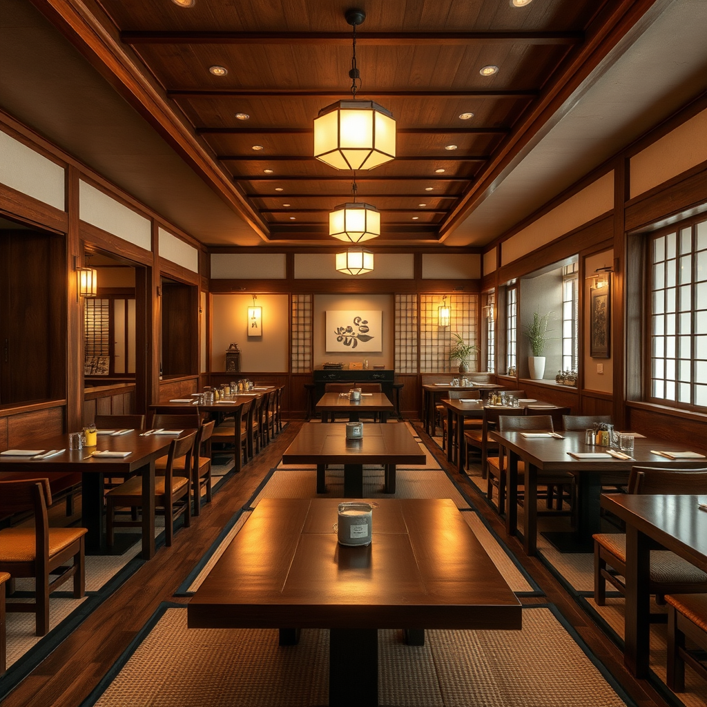 Traditional Japanese restaurant interior with wooden tables, tatami mats, and warm lighting showcasing authentic dining atmosphere