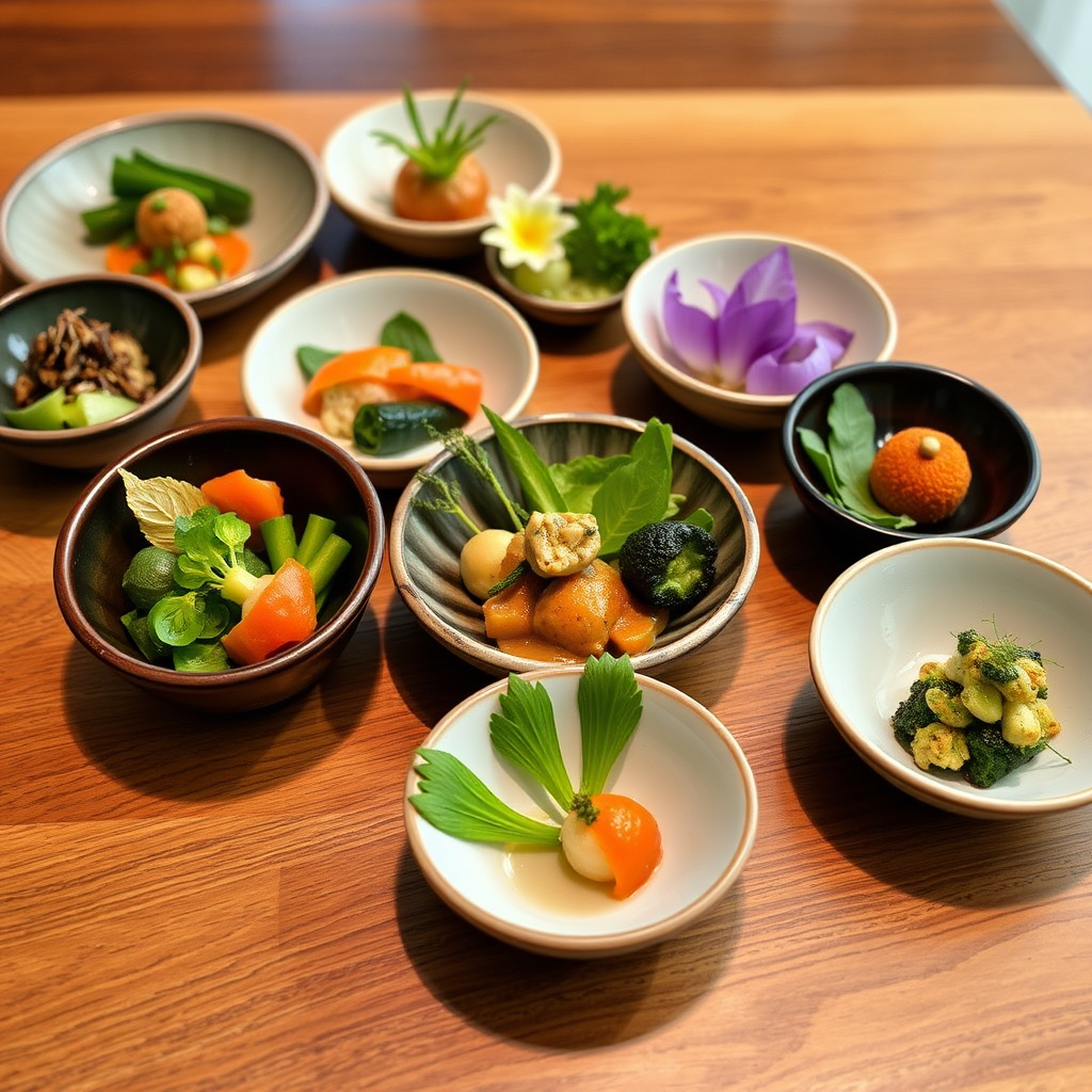 Sophisticated plant-based kaiseki course with multiple small dishes featuring seasonal vegetables and artistic Japanese presentation
